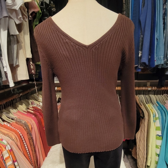 RALPH LAUREN ♡ Gorgeous Vintage Brown V Neck 'n Back Wide Ribbed Knit Sweater S - Picture 7 of 15